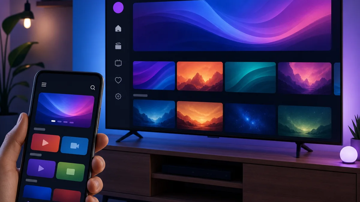 Téléphone Android et téléviseur Android TV dans un salon moderne