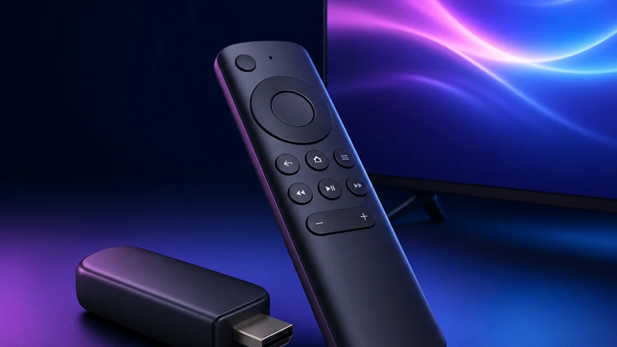 Clé de streaming et télécommande devant un téléviseur