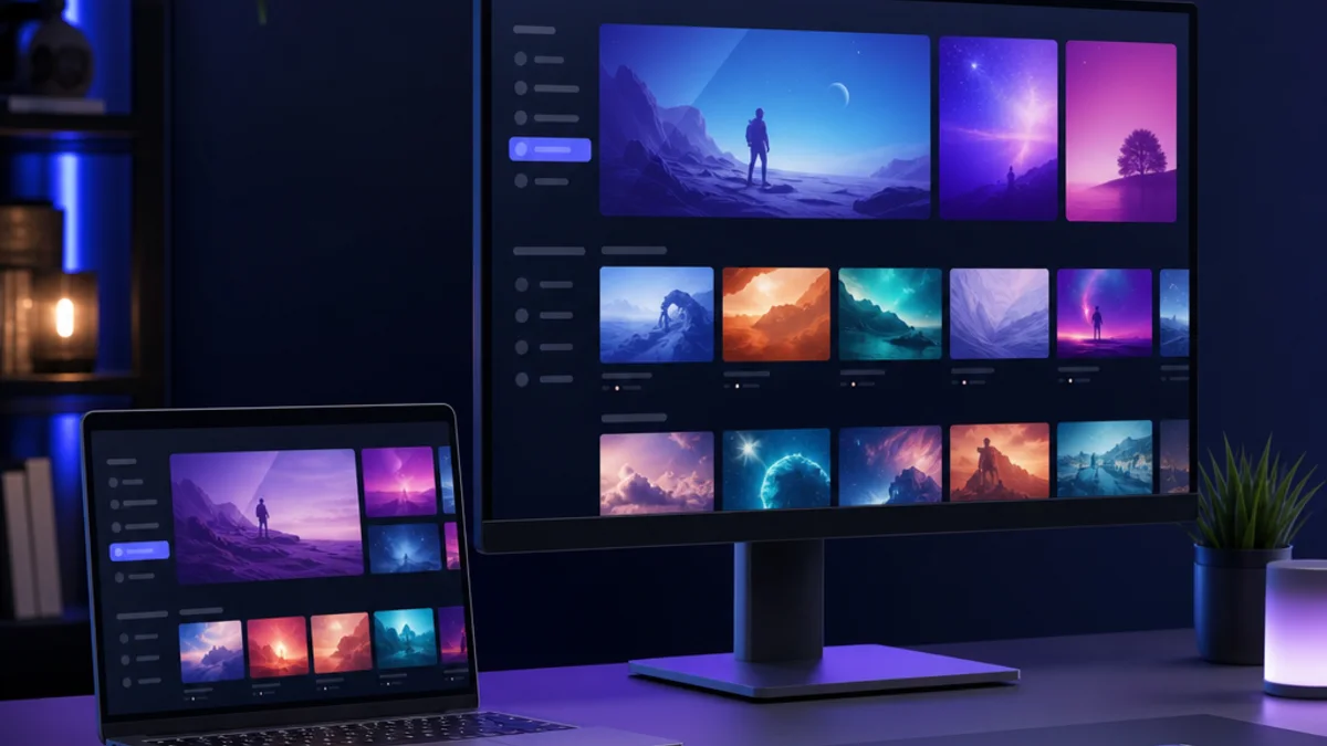Ordinateur portable et écran de bureau affichant des contenus multimédias