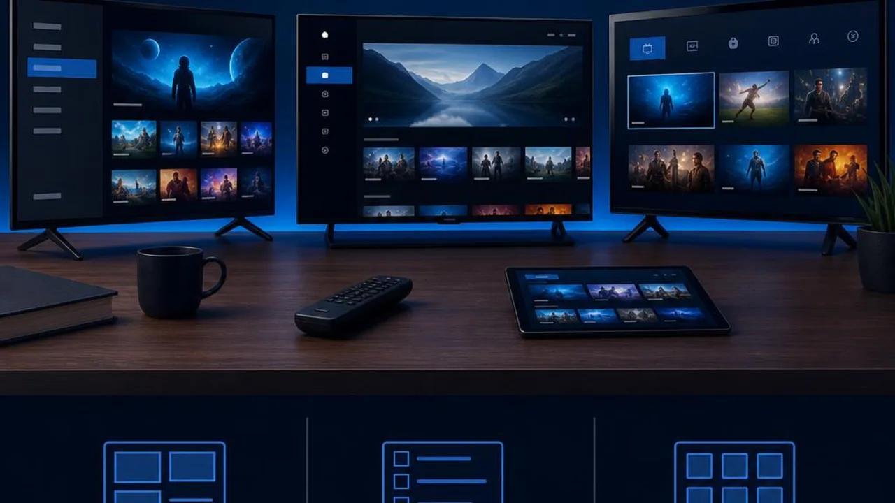 Comparaison de plusieurs lecteurs IPTV sur un bureau avec télécommande et tablette