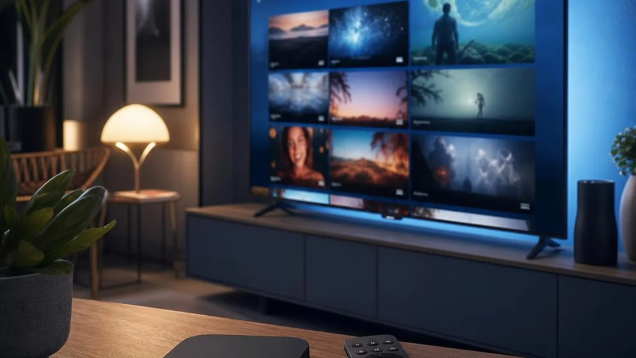 Box Android TV et télécommande sur un meuble multimédia