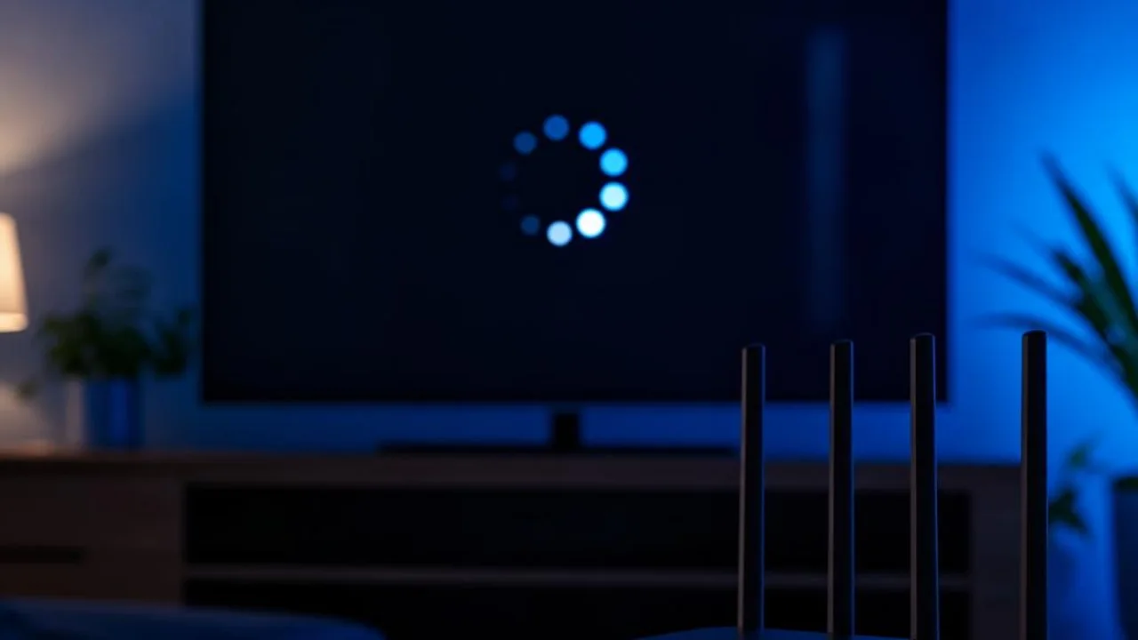Téléviseur affichant un chargement et routeur Wi-Fi pour diagnostiquer le buffering